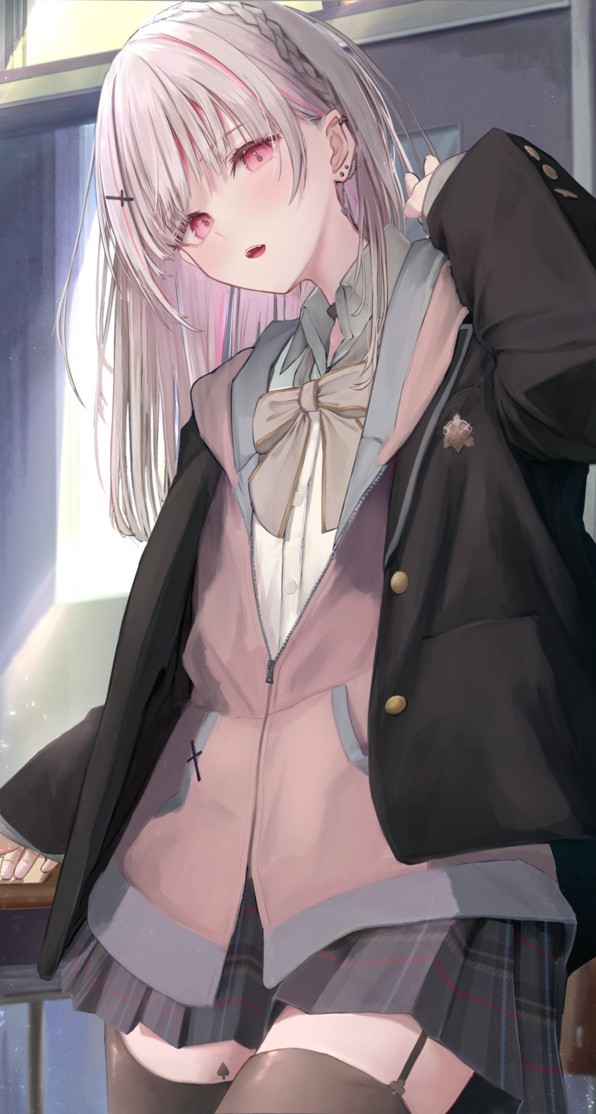 1girl absurdres asumi_sena black_choker black_coat bow bowtie buttons choker classroom coat collared_shirt garter_straps grey_bow grey_bowtie grey_hair hair_ornament hairpin highres hinataaoi_(iraiuketsukechuu) jacket long_hair long_sleeves looking_at_viewer miniskirt multicolored_hair open_clothes open_coat piercing pink_eyes pink_hair pink_jacket school_uniform shirt skirt sleeves_past_wrists solo streaked_hair thighhighs virtual_youtuber vspo! white_shirt