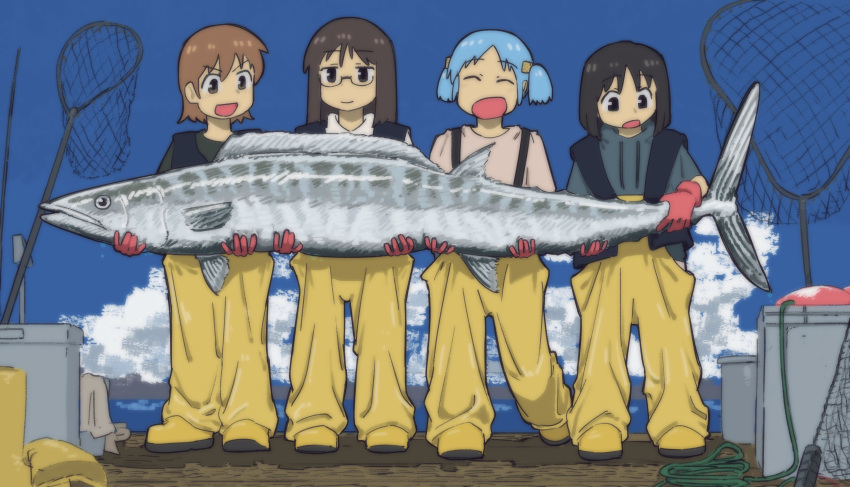 4girls :d absurdres aioi_yuuko animal black_eyes black_hair blue_hair blue_sky boots brown_eyes brown_hair cube_hair_ornament fish fubarmoe glasses gloves hair_ornament highres holding holding_animal holding_fish minakami_mai multiple_girls naganohara_mio net nichijou outdoors red_gloves semi-rimless_eyewear shinonome_nano sky smile standing under-rim_eyewear yellow_overalls