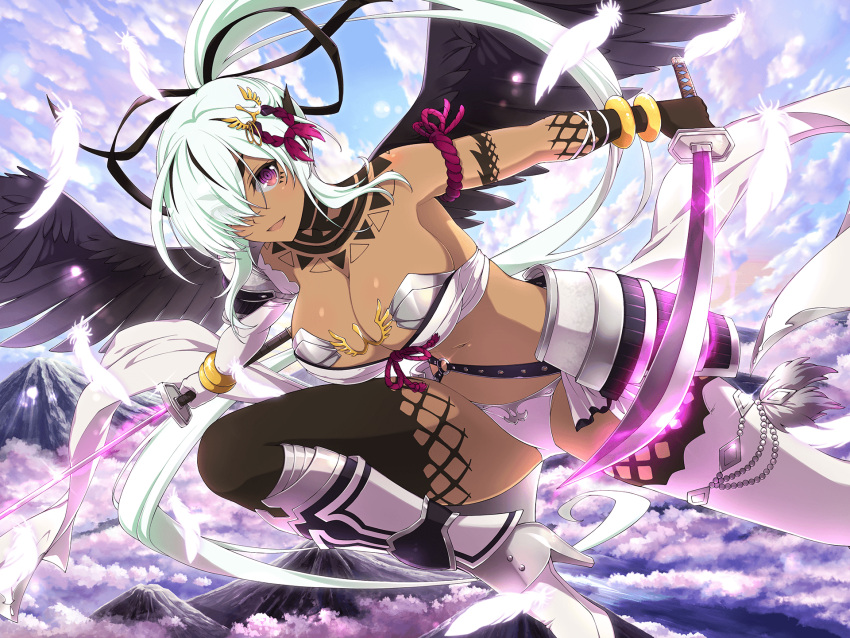 1girl armband armor asymmetrical_gloves bare_shoulders belt bikini_armor bird_wings black_belt black_border black_feathers black_hair black_ribbon black_thighhighs black_wings blue_sky blush border breasts cleavage cloud cloudy_sky collarbone dark-skinned_female dark_skin day dual_wielding elbow_gloves faulds feathers flying fusion gloves grey_hair hair_between_eyes hair_ornament hair_over_one_eye hair_ribbon high_heels highres holding holding_sword holding_weapon japanese_armor katana kusazuri large_breasts light_particles long_hair looking_at_viewer mismatched_gloves mountain multicolored_hair navel neck_tattoo o-ring o-ring_belt official_alternate_costume official_art open_mouth outdoors outside_border page_number panties pauldrons ponytail purple_eyes revealing_clothes ribbon senran_kagura senran_kagura_new_link senran_kagura_new_wave shiny_skin shoulder_armor single_elbow_glove single_pauldron sky smile solo streaked_hair studded_belt sword tattoo thick_eyebrows thighhighs thighs underwear unsheathed very_long_hair weapon white_gloves white_hair white_panties wings yasha_(senran_kagura) yuyaki_(senran_kagura)