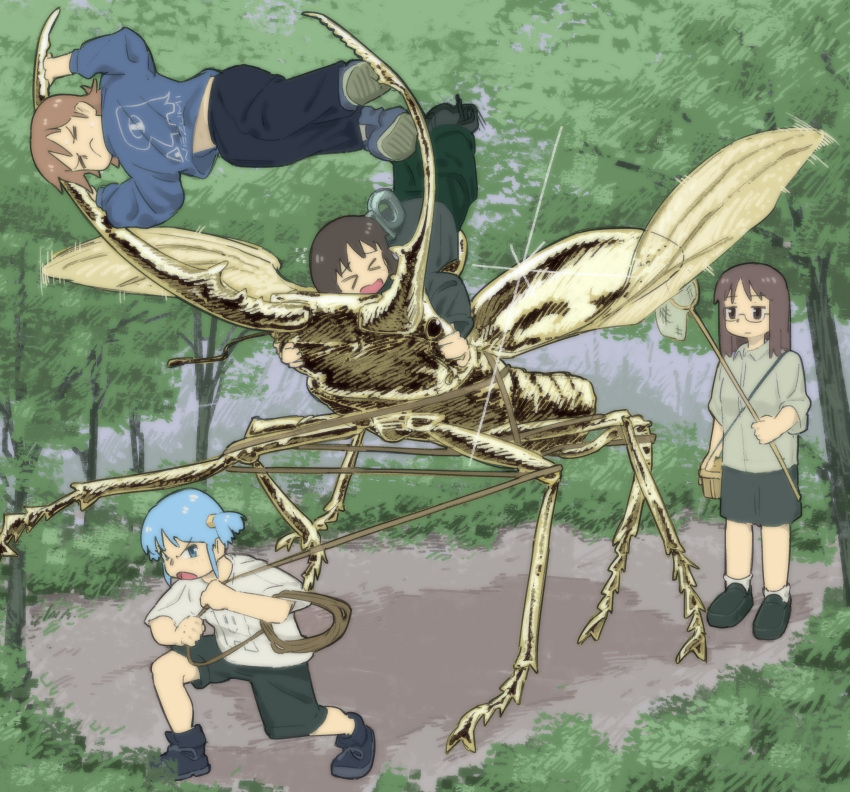 &gt;_&lt; 4girls absurdres aioi_yuuko battle blue_hair brown_hair bug_hunting butterfly_net forest fubarmoe glasses hand_net highres holding holding_butterfly_net holding_lasso lasso minakami_mai multiple_girls naganohara_mio nature nichijou oversized_insect semi-rimless_eyewear shinonome_nano short_hair stag_beetle under-rim_eyewear wrestling