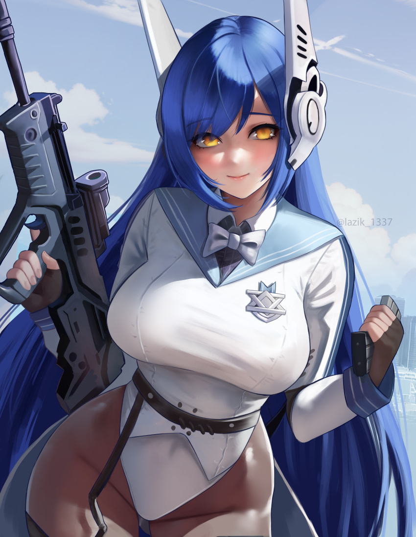 1girl absurdres assault_rifle black_pantyhose blue_hair blue_sailor_collar blue_sky blush bow bowtie breasts bullpup cloud cloudy_sky fingerless_gloves girls'_frontline gloves gun headgear highres holding holding_gun holding_magazine_(weapon) holding_weapon iwi_tavor large_breasts lazik_1337 long_hair looking_at_viewer magazine_(weapon) pantyhose rifle sailor_collar sky solo tar-21_(girls'_frontline) trigger_discipline very_long_hair weapon white_bow white_bowtie yellow_eyes