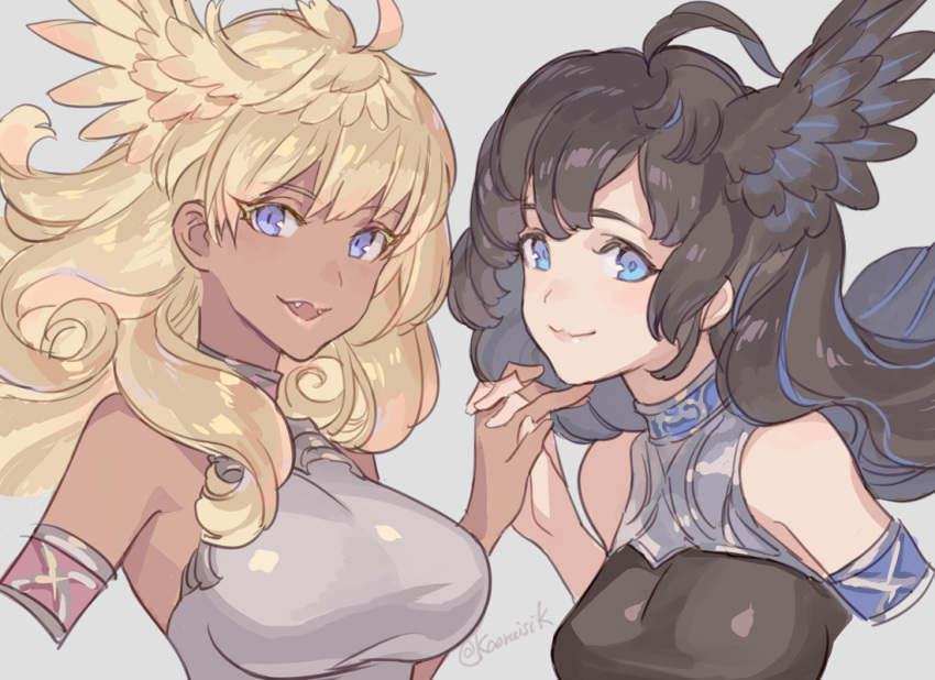 2girls :3 ahoge armlet artist_name bare_shoulders black_shirt blonde_hair blue_eyes breasts colored_eyelashes commentary_request curly_hair dark-skinned_female dark_skin fangs feathered_wings floating_hair granblue_fantasy grey_background grey_shirt halluel_(granblue_fantasy) head_wings holding_hands long_hair looking_at_viewer malluel_(granblue_fantasy) medium_breasts messy_hair multiple_girls open_mouth portrait pota_(bluegutty) purple_eyes shirt side-by-side sidelocks signature simple_background sleeveless sleeveless_turtleneck smile turtleneck twitter_username wings