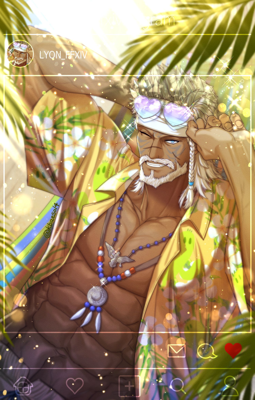 1boy abs alternate_costume bara bare_pectorals braid contemporary cowboy_shot dark-skinned_male dark_skin facial_mark final_fantasy final_fantasy_xiv from_above hawaiian_shirt headband heart heart-shaped_eyewear highres hyur instagram jewelry kbaeso long_hair looking_at_viewer lyon_rem_helsos male_focus mature_male muscular muscular_male necklace old old_man one_eye_closed pectorals scar scar_on_face scar_on_nose shirt side_braid sparkle sunglasses tooth_necklace tribal white_hair white_headband