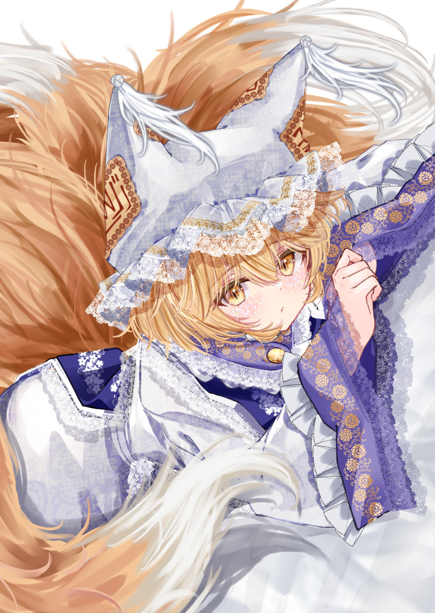 1girl animal_ears animal_hat blonde_hair blue_tabard blush commentary_request dress fox_ears fox_tail hair_between_eyes hat highres kitsune kyuubi long_sleeves looking_at_viewer mob_cap multiple_tails sarasadou_dan short_hair simple_background slit_pupils solo tabard tail touhou white_background white_dress wide_sleeves yakumo_ran yellow_eyes