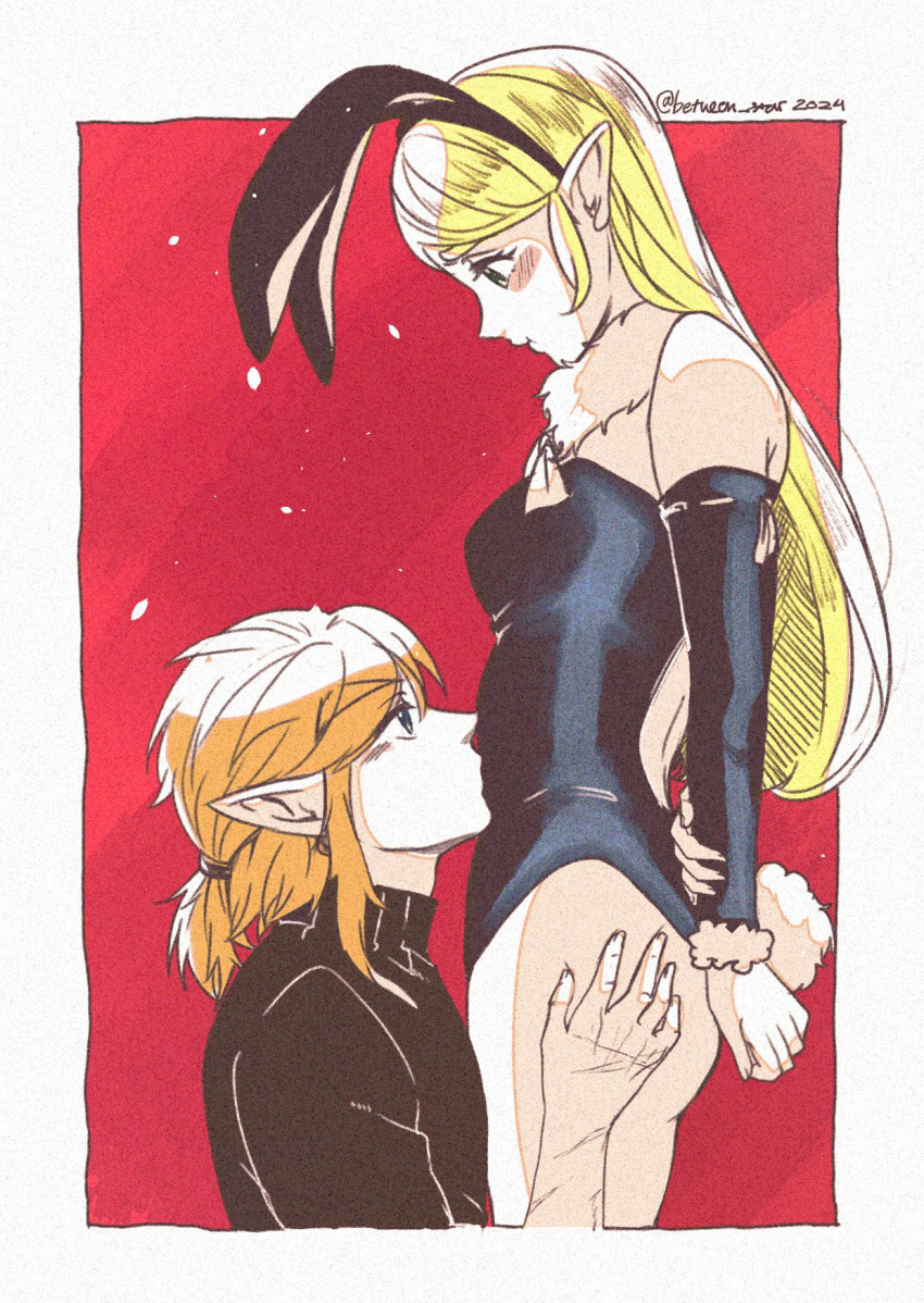 1boy 1girl animal_ears arm_warmers backless_leotard black_leotard blonde_hair fake_animal_ears fake_tail hetero highres leotard link long_hair looking_at_another playboy_bunny pointy_ears princess_zelda rabbit_ears rabbit_tail short_ponytail strapless strapless_leotard tail the_legend_of_zelda the_legend_of_zelda:_breath_of_the_wild wildstar69