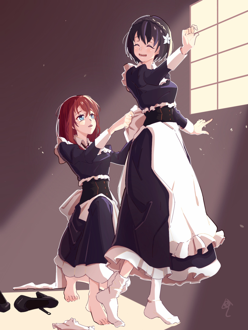 2girls apron barefoot black_dress black_footwear black_hair blue_eyes closed_eyes commentary dress dressing_another flower hair_down hair_flower hair_ornament high_heels highres ilia_coral indoors juliet_sleeves kneeling lainie_cyan light_particles light_rays long_hair long_sleeves looking_at_another maid maid_apron medium_hair multiple_girls no_shoes parted_lips puffy_sleeves red_hair shoes smile snow_hawkeye socks sunbeam sunlight tensei_oujo_to_tensai_reijou_no_mahou_kakumei unworn_shoes unworn_socks white_apron white_flower white_socks window