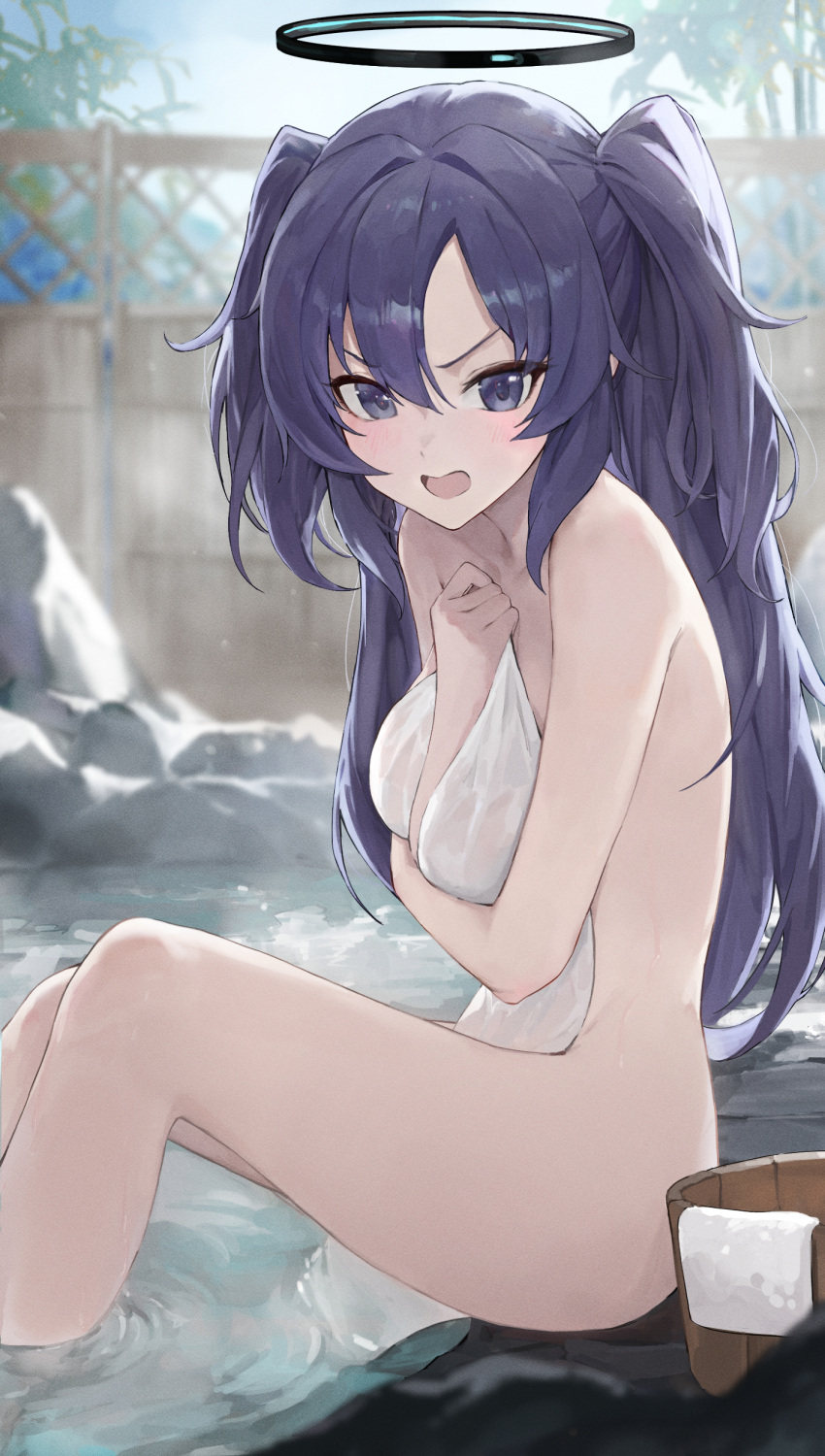 1girl absurdres ass blue_archive blush breasts bucket feet_out_of_frame hair_between_eyes halo highres jiang_zhuti_jiojio long_hair looking_at_viewer mechanical_halo medium_breasts naked_towel onsen open_mouth outdoors purple_eyes purple_hair sitting solo towel two_side_up water white_towel yuuka_(blue_archive)