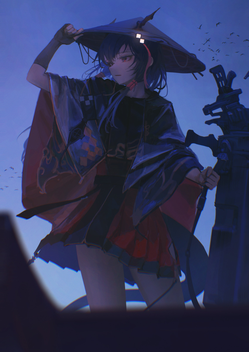 1girl absurdres arknights black_capelet black_gloves black_shirt blue_hair capelet ch'en_(arknights) ch'en_the_holungday_(arknights) ch'en_the_holungday_(ten_thousand_mountains)_(arknights) conical_hat contrapposto cowboy_shot evening expressionless fingerless_gloves from_side gloves hand_on_headwear highres holding kusami_toka_naku_au legs_apart long_sleeves looking_to_the_side outdoors parted_lips pleated_skirt profile red_eyes red_skirt shirt simple_bird skirt solo
