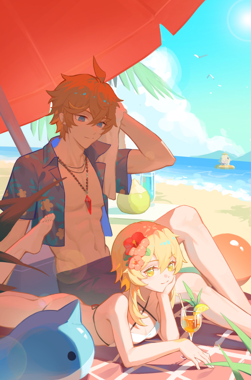 1109285578 1boy 1girl ball beach beach_umbrella beachball blonde_hair blue_eyes cocktail couple flower full_body genshin_impact hair_flower hair_ornament hetero highres lumine_(genshin_impact) lying on_back open_clothes orange_hair paimon_(genshin_impact) parasol short_hair sitting smile tartaglia_(genshin_impact) toned toned_male umbrella yellow_eyes