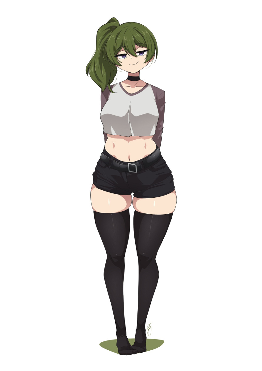 1girl alternate_costume belt breasts casual choker contemporary crop_top crop_top_overhang full_body green_hair hair_between_eyes highres long_hair looking_at_viewer navel no_shoes purple_eyes ryou_sakai shorts side_ponytail smile solo sousou_no_frieren standing stomach thick_thighs thighhighs thighs ubel_(sousou_no_frieren)