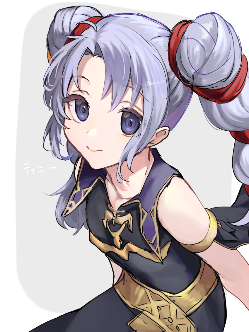 1girl ahoge armlet bare_shoulders black_dress closed_mouth commentary_request dress fire_emblem fire_emblem:_genealogy_of_the_holy_war flat_chest gold_trim highres jewelry long_hair parted_bangs purple_eyes purple_hair sakura_no_yoru simple_background sleeveless sleeveless_dress smile solo tine_(fire_emblem) twintails twitter_username