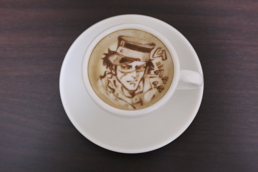 1boy absurdres brown_theme comic_panel_redraw cropped_head derivative_work drunk golden_kamuy hat highres kepi latte_art_(medium) looking_at_viewer male_focus military_hat photo_(medium) rakko-nabe scar scar_on_cheek scar_on_face seductive_smile short_hair smile solo sugimoto_saichi table tilted_headwear tokoroten_1234 translation_request unconventional_media