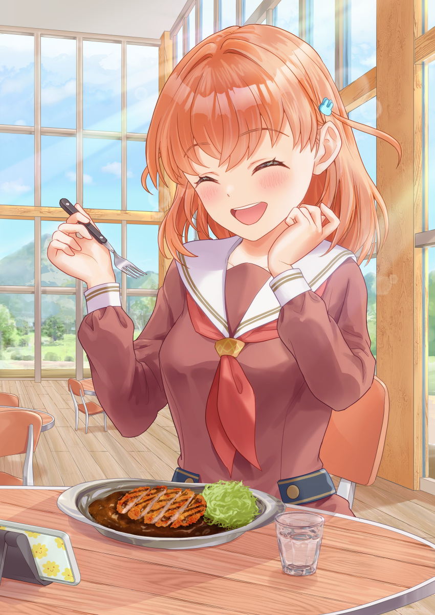 1girl ^_^ absurdres blush brown_dress cafeteria cellphone closed_eyes commentary_request crossed_bangs cup dress fork hair_ornament hand_up happy hasu_no_sora_school_uniform highres hinoshita_kaho holding holding_fork katsu_curry kobassy link!_like!_love_live! long_sleeves love_live! medium_hair mountain neckerchief on_chair open_mouth orange_hair phone phone_stand rabbit_hair_ornament red_neckerchief sailor_collar sailor_dress school_uniform sitting smartphone smile solo table teeth tree upper_teeth_only water white_sailor_collar window winter_uniform wooden_table