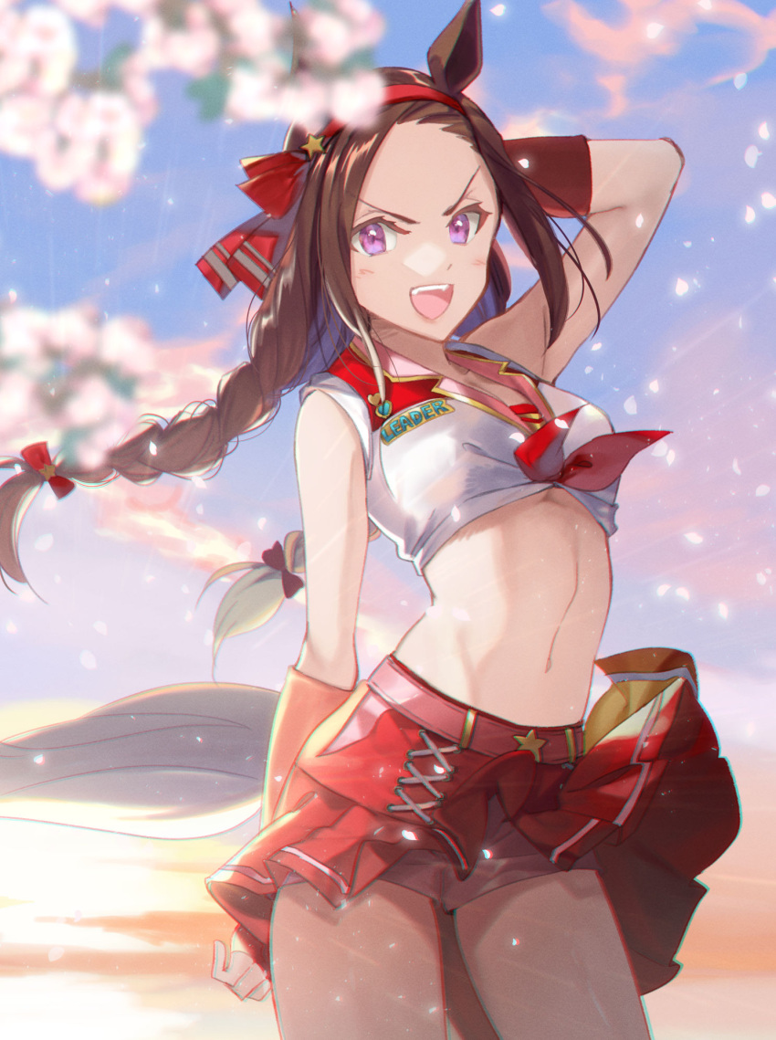 1girl :d animal_ears arm_behind_head arm_up blue_sky blurry blurry_background blurry_foreground bow braid branch breasts brown_hair cloud collared_shirt commentary_request crop_top flower forehead hair_bow hairband highres horse_ears horse_girl horse_tail kabocha_(monkey4) long_hair looking_at_viewer low_twintails navel outdoors pink_shorts pleated_skirt purple_eyes red_bow red_hairband red_skirt sakura_bakushin_o_(umamusume) shirt short_shorts shorts shorts_under_skirt skirt sky sleeveless sleeveless_shirt small_breasts smile solo sunset tail twin_braids twintails umamusume v-shaped_eyebrows very_long_hair white_flower