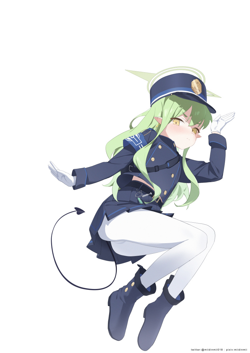 1girl absurdres armband bei_liou black_skirt blue_archive blue_armband boots buttons commentary demon_tail double-breasted full_body gloves green_hair green_halo halo hat highlander_sidelocks_conductor_(blue_archive) highres long_hair long_sleeves pantyhose pleated_skirt pointy_ears psd_available shako_cap simple_background skirt solo tail variant_set white_background white_gloves white_pantyhose