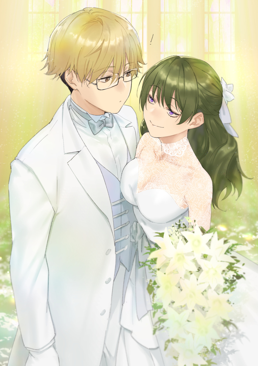 ! 1boy 1girl absurdres blonde_hair bouquet bow bowtie breast_press breasts bride brown_eyes cleavage closed_mouth commentary_request dress flower glasses green_hair groom hair_flower hair_ornament hair_ribbon half_updo highres holding holding_bouquet jacket land_(sousou_no_frieren) large_breasts looking_at_another purple_eyes ribbon smile soul_(tamashii) sousou_no_frieren standing suit ubel_(sousou_no_frieren) wedding wedding_dress white_bow white_bowtie white_dress white_flower white_jacket white_ribbon white_suit