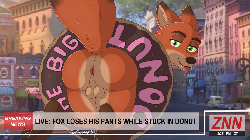 absurd_res all_fours anthro anus backsack balls big_butt butt canid canine dessert disney doughnut food foofyscoop fox fur genitals green_eyes hi_res inner_ear_fluff judy_stuck_in_donut_redraw male mammal meme narrowed_eyes news news_report nick_wilde orange_body orange_fur pawpads paws red_fox snaggle_tooth solo stuck thick_thighs thighs_together tongue tongue_out true_fox tuft zootopia