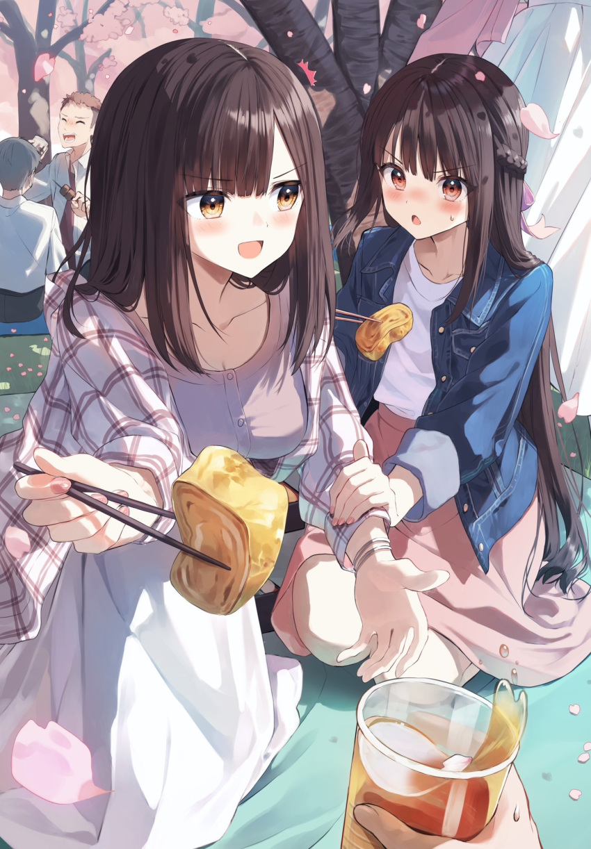 3boys 3girls :d blanket blue_jacket blush braid breasts brown_eyes brown_hair chopsticks cleavage collarbone collared_shirt commentary_request cup day denim denim_jacket dress_shirt drinking_glass flower food highres holding holding_chopsticks holding_cup jacket kneeling long_hair medium_breasts multiple_boys multiple_girls omelet open_clothes open_jacket open_shirt original osana_manaka osana_naruka outdoors pentagon_(railgun_ky1206) petals pink_flower pink_shirt pink_skirt plaid plaid_jacket pov pov_hands red_shirt shirt skirt smile sweat tamagoyaki tree undershirt v-shaped_eyebrows very_long_hair white_jacket white_shirt white_skirt