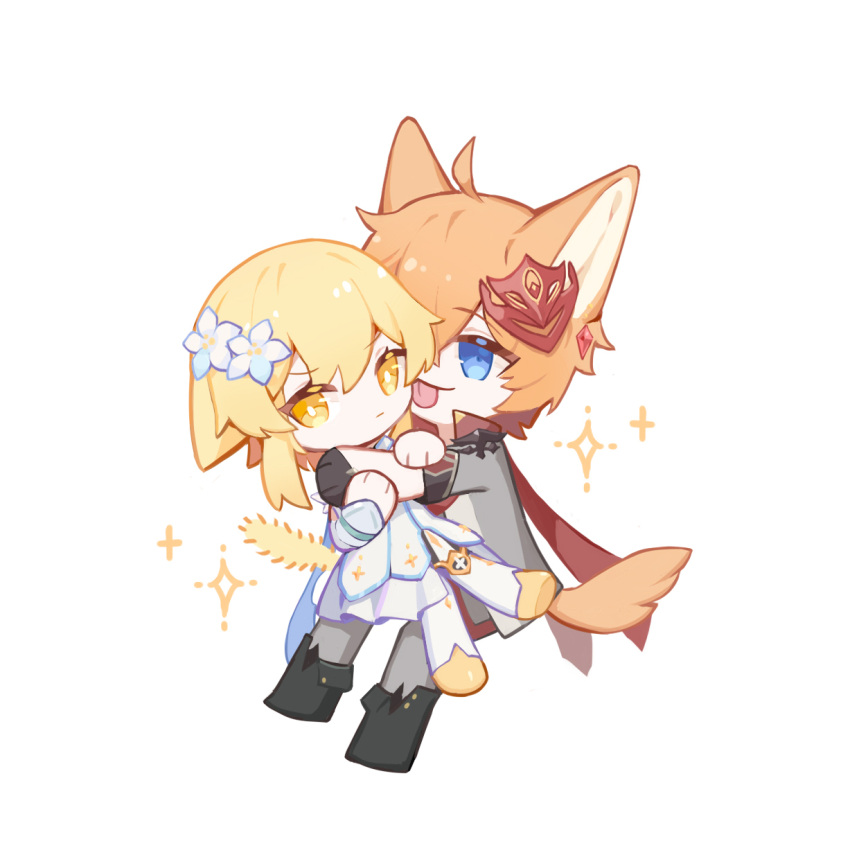 1109285578 animal_ears blonde_hair blue_eyes cat_ears cat_girl chibi dress flower fox_boy fox_ears fox_tail full_body genshin_impact hair_flower hair_ornament highres licking licking_another's_face lumine_(genshin_impact) mask mask_on_head short_hair simple_background sparkle tail tartaglia_(genshin_impact) tongue tongue_out white_background white_dress yellow_eyes