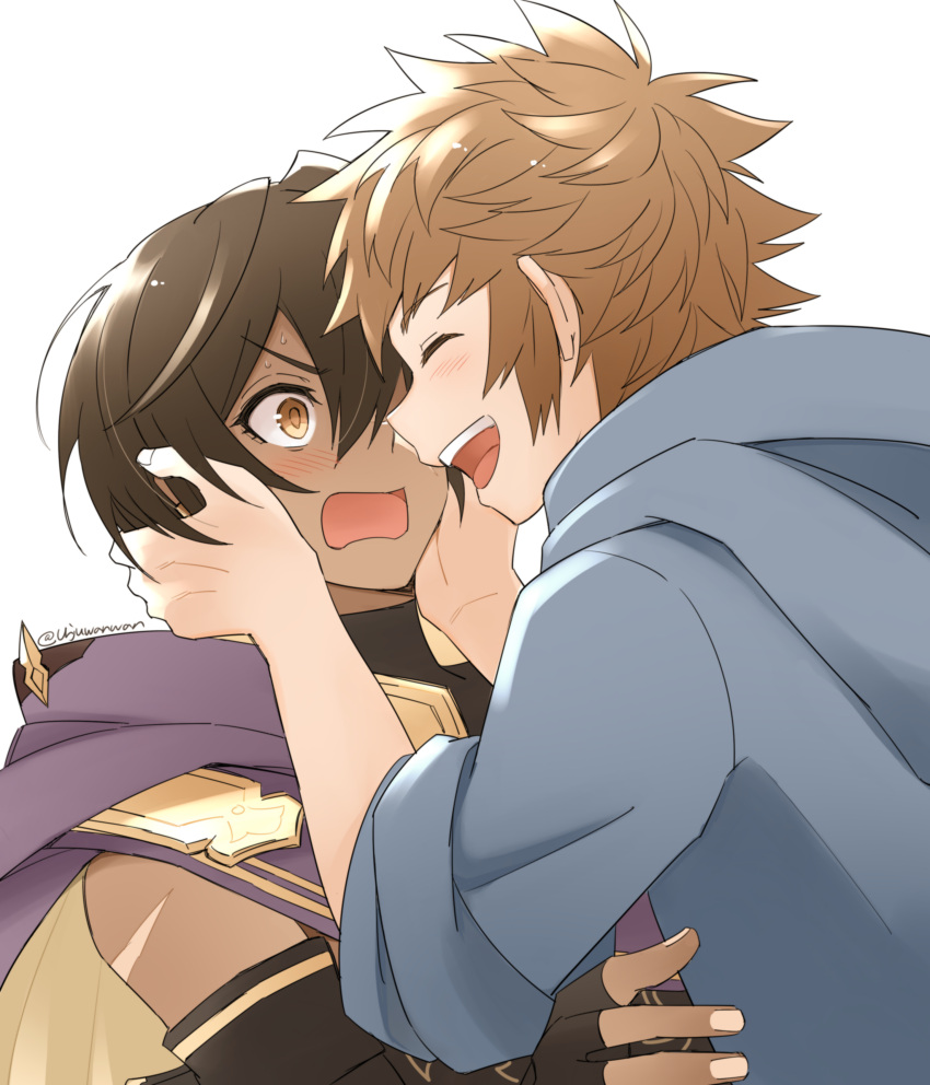 2boys absurdres black_gloves black_hair blush brown_hair cloak closed_eyes commentary_request dark-skinned_male dark_skin elbow_gloves eyelashes facing_another fingerless_gloves gloves gran_(granblue_fantasy) granblue_fantasy hair_between_eyes highres jamil_(granblue_fantasy) looking_at_another multiple_boys open_mouth profile purple_cloak ringed_eyes scar scar_on_face scar_on_shoulder short_hair surprised teeth twitter_username upper_body upper_teeth_only urjuwanwan white_background white_scars wide-eyed yaoi yellow_eyes