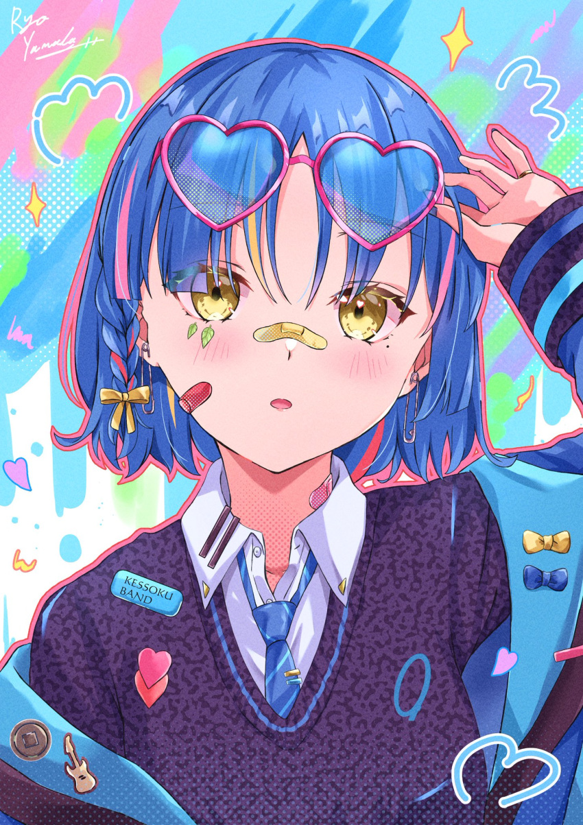 1girl bandaid bandaid_on_cheek bandaid_on_face bandaid_on_neck bandaid_on_nose blue_hair blue_jacket blue_necktie blush bocchi_the_rock! cardigan character_name earrings eyewear_on_head hair_ribbon hand_up heart heart-shaped_eyewear highres jacket jewelry kikugawa_roku long_sleeves looking_at_viewer necktie off_shoulder parted_lips purple_cardigan ribbon safety_pin_earring short_braid short_hair solo upper_body yamada_ryo yellow_eyes yellow_ribbon