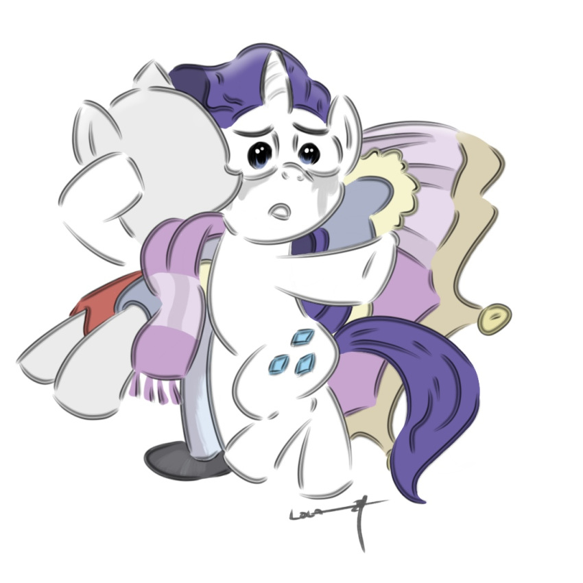 bodily_fluids clothing dress equid equine female friendship_is_magic fur hasbro horn horse mammal mane mannequin my_little_pony purple_mane purple_tail rarity_(mlp) solo tail tears tuskonline unicorn_horn uniform white_body white_fur