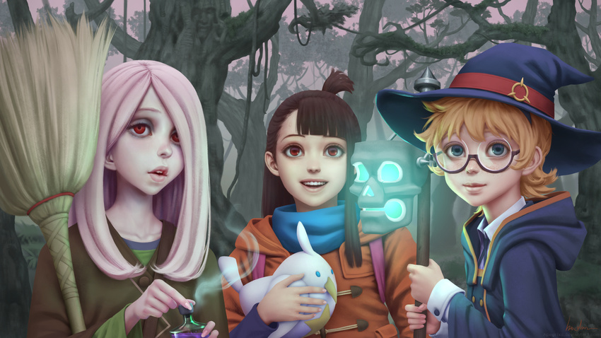 androgynous bangs blonde_hair blue_eyes bottle broom brown_hair coat forest freckles glasses gohpot hair_over_one_eye hat highres kagari_atsuko little_witch_academia lotte_jansson multiple_girls nature open_mouth pale_skin parted_lips pink_hair plant ponytail realistic red_eyes semi-rimless_eyewear short_hair signature smile staff sucy_manbavaran teeth tree under-rim_eyewear vines witch_hat