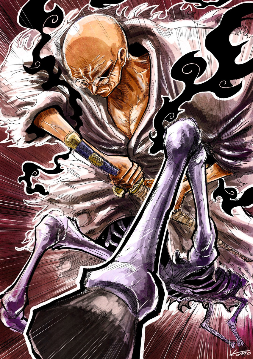 1boy alternate_form artist_name bakotsu_(youkai) bald black_fire centaur ethan-baron_v._nusjuro fire frown glasses highres holding holding_sword holding_weapon kumo_d7 monster_boy motion_lines one_piece robe running serious sheath skeleton solo sword taur torn_clothes unsheathing weapon white_robe