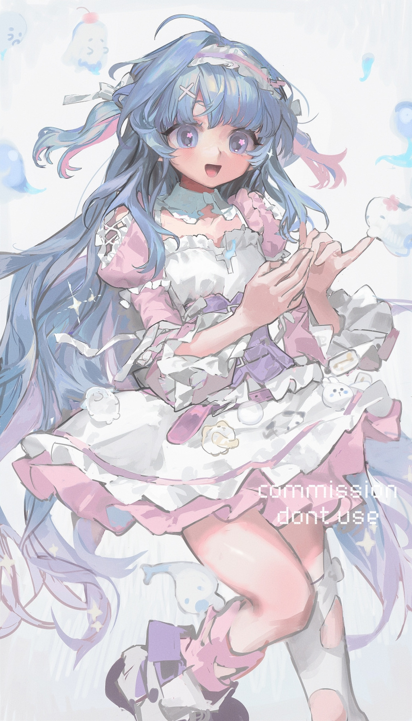 1girl :d absurdres ahoge blue_eyes blue_hair commission diurtion dress flower-shaped_pupils frilled_dress frills ghost hair_ornament hairband highres juliet_sleeves long_hair long_sleeves looking_at_viewer multicolored_hair open_mouth original pink_hair puffy_sleeves smile solo symbol-shaped_pupils thighhighs two-tone_hair two_side_up very_long_hair virtual_youtuber watermark white_background white_dress white_footwear white_thighhighs x_hair_ornament