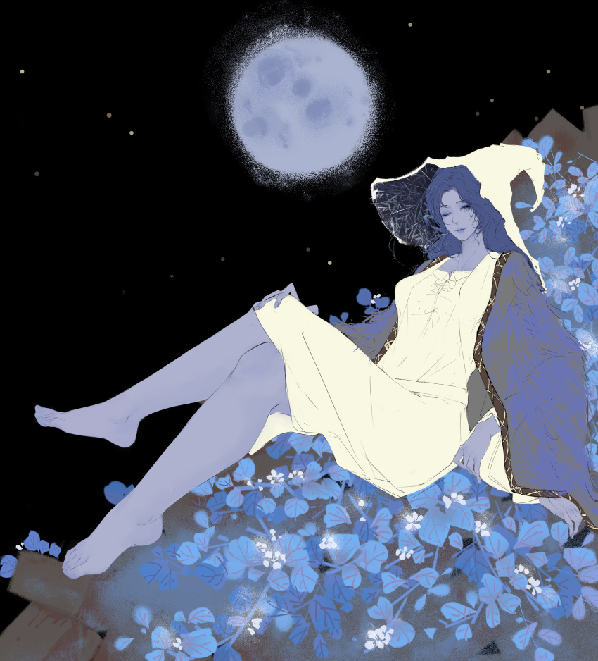 1girl absurdres bare_legs barefoot blue_eyes blue_hair blue_lips blue_skin breasts chinese_commentary cloak closed_mouth colored_skin crossed_legs dress elden_ring extra_arms feet flower full_body full_moon fur_cloak hat highres leaf long_hair looking_at_viewer moon nao_tou_di_guan night night_sky one_eye_closed ranni_the_witch sitting sky small_breasts solo toes white_dress white_hat witch witch_hat