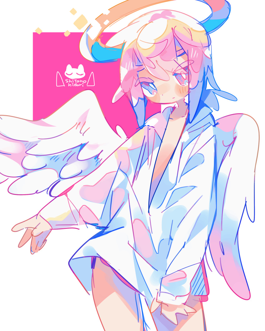 1boy absurdres angel angel_wings artist_logo blue_eyes bright_pupils closed_mouth colored_eyelashes commentary_request cowboy_shot feathered_wings halo highres long_sleeves male_focus original pink_eyes pink_hair raito-kun_(uenomigi) shirt short_hair sketch solo uenomigi white_pupils white_shirt white_wings wings