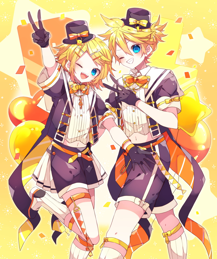 1boy 1girl balloon black_gloves black_hat black_jacket black_shorts blonde_hair blue_eyes bow bowtie gloves hat hat_bow highres jacket kagamine_len kagamine_rin kaho_0102 kneehighs light_blush one_eye_closed open_clothes open_jacket short_sleeves shorts showgirl_skirt skirt sleeve_bow socks standing standing_on_one_leg star_(symbol) star_balloon v vocaloid white_skirt white_socks wide_sleeves yellow_background yellow_bow