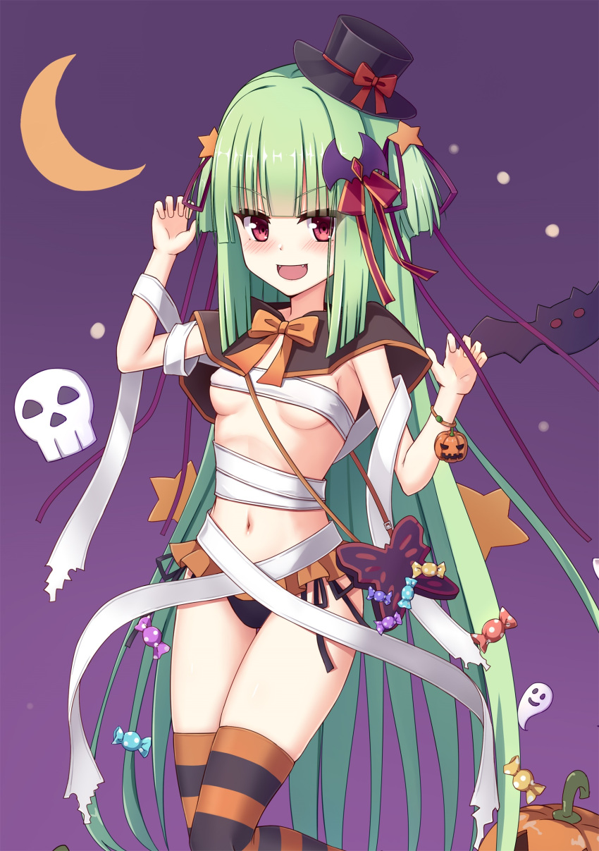 1girl :d absurdres alternate_costume bandages bat_(animal) bat_hair_ornament black_hat black_panties blunt_bangs blunt_ends blush bow breasts brown_capelet capelet chinese_commentary claw_pose commentary_request crescent_moon fangs feet_out_of_frame green_hair grey_background hair_ornament hair_ribbon halloween halloween_costume hands_up hat highres hime_cut jack-o'-lantern long_hair long_ribbon looking_at_viewer moon murasame_(senren) navel open_mouth orange_bow panties purple_background purple_ribbon red_bow red_eyes ribbon sarashi senren_banka shu_pian sidelocks simple_background skull small_breasts smile solo star_(symbol) star_hair_ornament straight_hair striped_clothes striped_thighhighs thighhighs top_hat tsurime two_side_up underboob underwear v-shaped_eyebrows very_long_hair