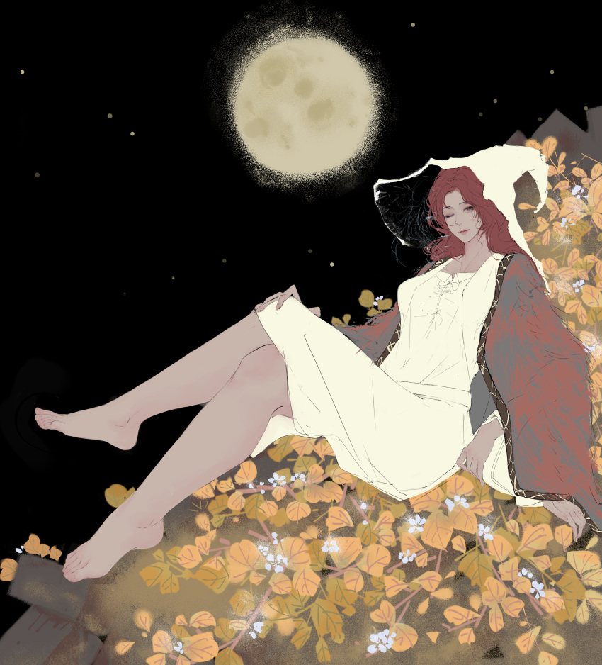 1girl absurdres bare_legs barefoot breasts chinese_commentary cloak closed_mouth crossed_legs dress elden_ring extra_arms feet flower full_body full_moon fur_cloak hat highres leaf long_hair looking_at_viewer moon nao_tou_di_guan night night_sky one_eye_closed ranni_the_witch red_hair sitting sky small_breasts solo toes white_dress white_hat witch_hat