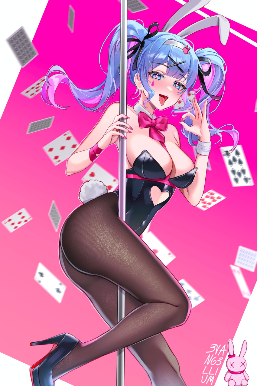 1girl absurdres ace_(playing_card) ace_of_hearts adapted_costume animal_ears artist_name bare_arms bare_shoulders black_footwear black_leotard black_pantyhose black_ribbon blue_eyes blue_hair blunt_bangs blurry blurry_background blush bow bowtie breasts card cleavage clothing_cutout cutout_above_navel detached_collar evangellium fake_animal_ears fake_tail fellatio_gesture fingernails five_of_diamonds hair_ornament hair_ribbon hairband hatsune_miku heart heart-shaped_pupils heart_cutout high_heels highres large_breasts leotard long_fingernails long_hair looking_at_viewer multicolored_hair nail_polish necktie nine_of_diamonds open_mouth pantyhose pink_bow pink_bowtie pink_hair pink_nails pink_necktie pink_pupils pink_ribbon playboy_bunny playing_card pole pole_dancing rabbit_ears rabbit_hair_ornament rabbit_hole_(vocaloid) rabbit_tail ribbon seven_of_diamonds solo streaked_hair stripper_pole stuffed_toy symbol-shaped_pupils tail teardrop_facial_mark teeth ten_of_hearts ten_of_spades tongue tongue_out twintails two-tone_hair two_of_clubs two_of_hearts upper_teeth_only vocaloid white_hairband x_hair_ornament