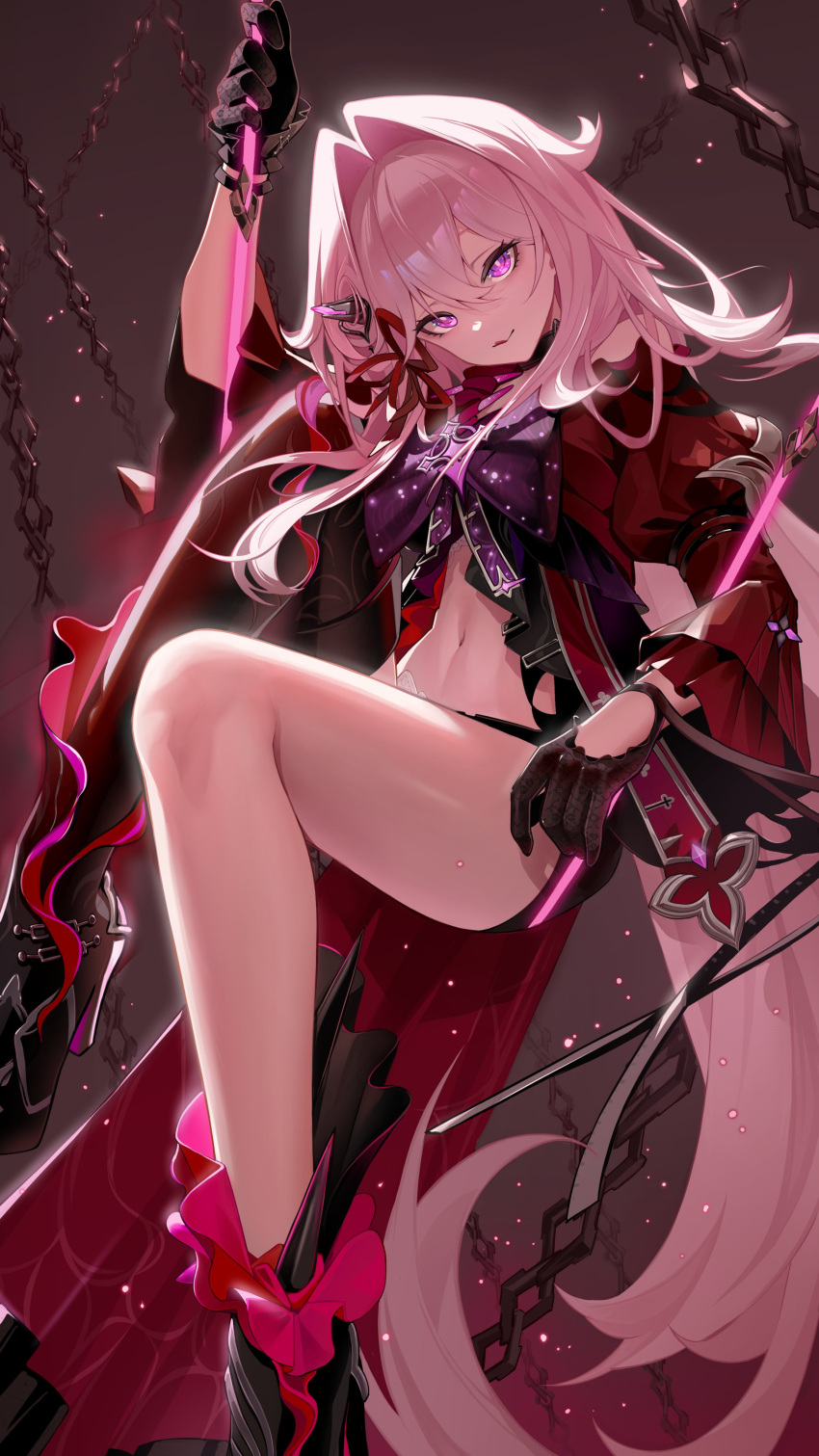 1girl absurdres arm_up bare_legs bare_shoulders belly black_choker black_gloves black_shorts bright_pupils chain chibi0108 choker cross gloves hair_ornament highres holding holding_string holding_weapon honkai_(series) honkai_impact_3rd jacket knee_up light_particles long_hair long_sleeves looking_at_viewer navel purple_eyes red_jacket red_ribbon ribbon ribbon_hair_ornament shorts simple_background smile solo solo_focus string thelema_(honkai_impact) tongue tongue_out very_long_hair weapon white_hair white_pupils