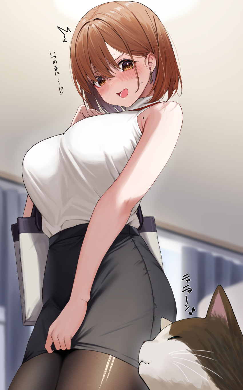 1girl absurdres bag black_skirt blurry blurry_background blush breasts brown_eyes brown_hair cat covering_privates curtains highres large_breasts mole mole_on_armpit mole_under_eye ol-chan_(udon) open_mouth original pantyhose shirt short_hair skirt sleeveless sleeveless_shirt torn_clothes torn_pantyhose udon_(udonalium) white_shirt