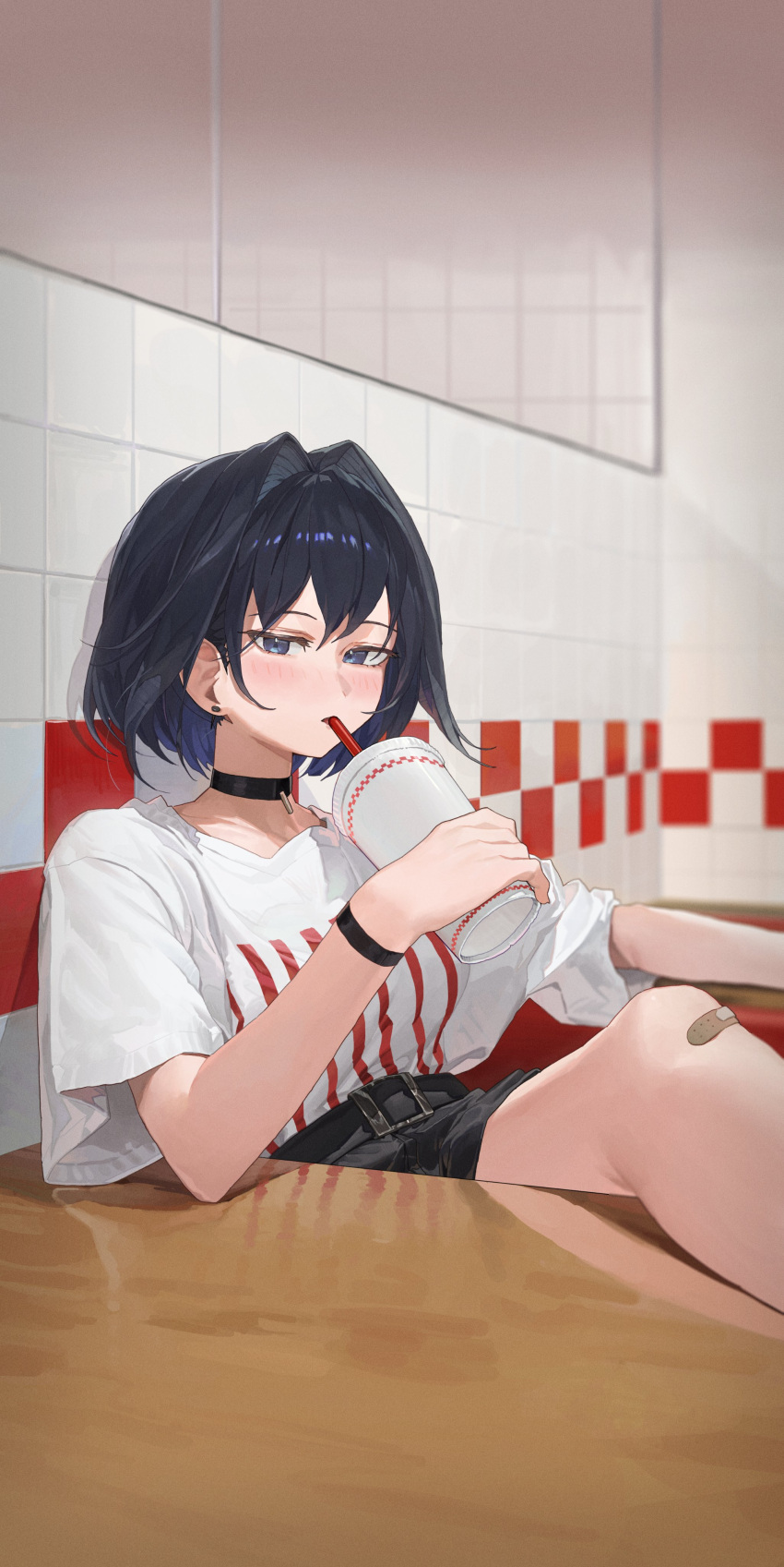 1girl absurdres bandaid bandaid_on_knee bandaid_on_leg black_choker black_eyes black_hair choker cup drinking_straw drinking_straw_in_mouth earrings feet_on_table hair_intakes highres holding holding_cup hololive hololive_english indoors jewelry looking_at_viewer ouro_kronii shirt short_hair short_sleeves solo starshell virtual_youtuber white_shirt