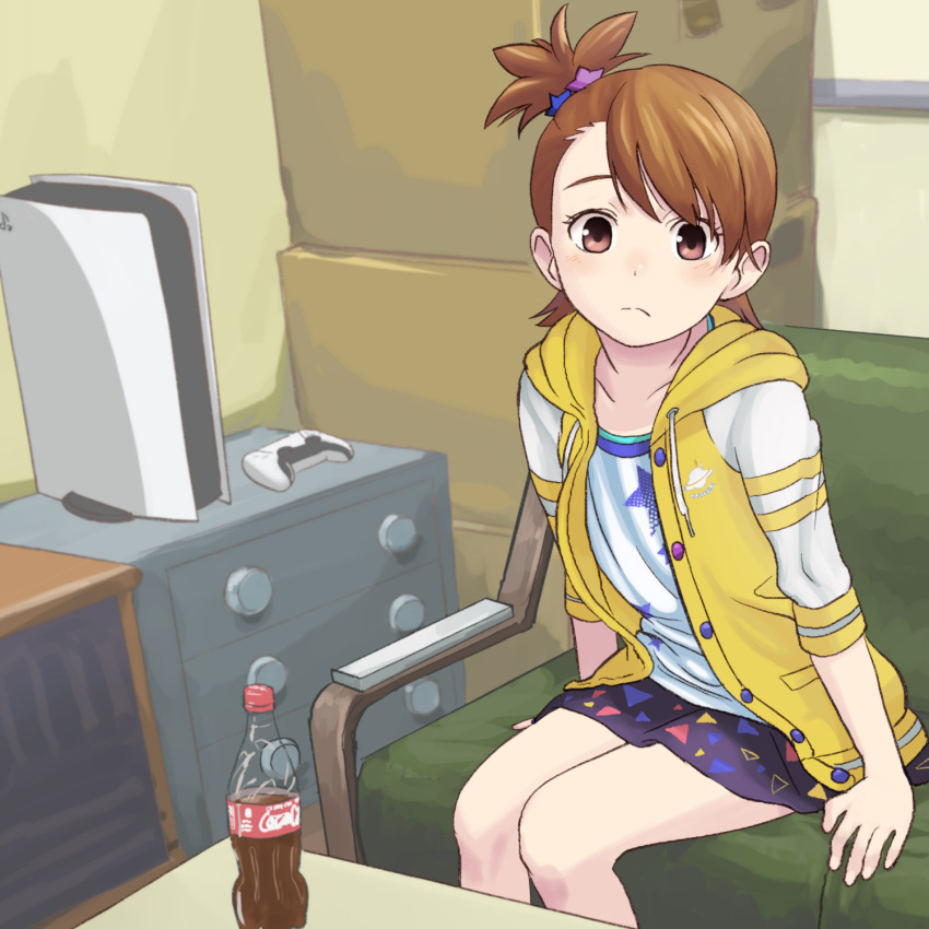 1girl arms_at_sides blush bottomless brown_eyes brown_hair closed_mouth cola commentary controller couch eyebrows_hidden_by_hair feet_out_of_frame frown futami_ami game_console game_controller gamepad hair_ornament highres hood hood_down hooded_jacket idolmaster idolmaster_(classic) indoors jacket looking_at_viewer mappy_(minogue) on_couch one_side_up open_clothes open_jacket playstation_5 print_shirt shirt short_hair sitting solo split_mouth star_(symbol) star_hair_ornament star_print swept_bangs tareme