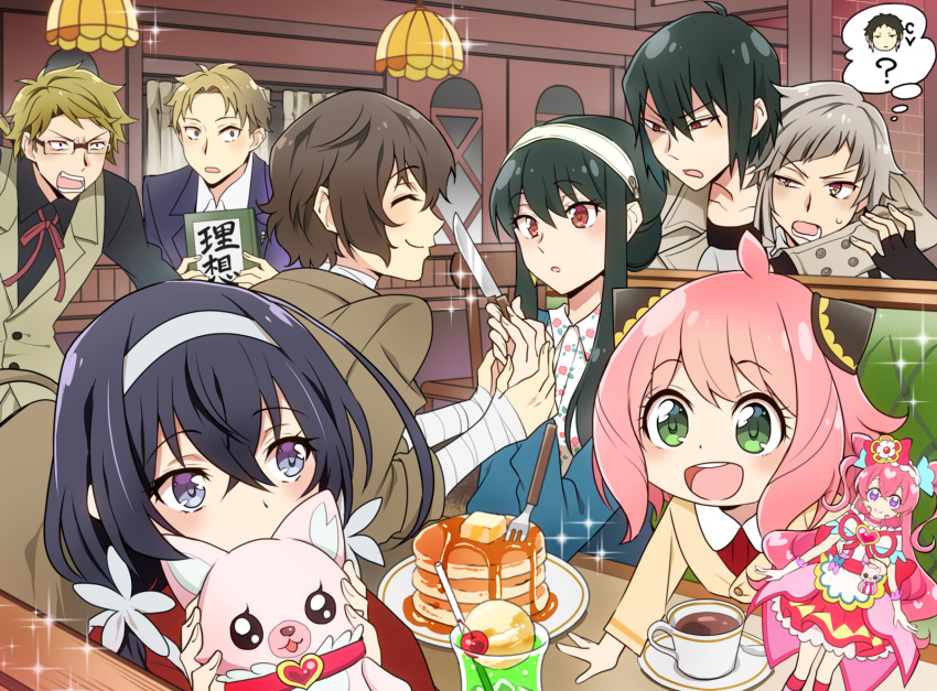 3girls 6+boys :o akutagawa_ryuunosuke_(bungou_stray_dogs) anya_(spy_x_family) bandaged_arm bandages black_hair book brown_hair bungou_stray_dogs closed_eyes cone_hair_bun crossover cup dazai_osamu_(bungou_stray_dogs) food fork green_eyes grey_hair hair_bun hairband highres indoors izumi_kyouka_(bungou_stray_dogs) kitchen_knife kunikida_doppo_(bungou_stray_dogs) lamp lapels long_sleeves masako_(sabotage-mode) multiple_boys multiple_girls nakajima_atsushi_(bungou_stray_dogs) open_mouth pancake pink_hair red_eyes short_hair smile speech_bubble spy_x_family twilight_(spy_x_family) vest yor_briar yuri_briar