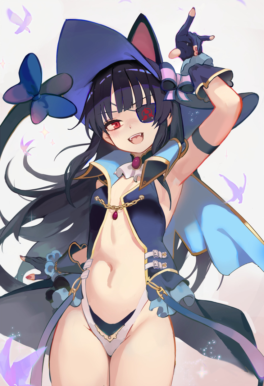 1girl absurdres animal_ears arm_up black_hair blush bow cat_ears cat_tail clothing_cutout cowboy_shot eyepatch fingerless_gloves flat_chest frills gloves hat hat_bow highres long_hair looking_at_viewer mirai_(senran_kagura) navel navel_cutout open_mouth red_eyes revealing_clothes senran_kagura senran_kagura_shoujo-tachi_no_shin'ei smile solo standing subu_art tail teeth thighs witch_hat