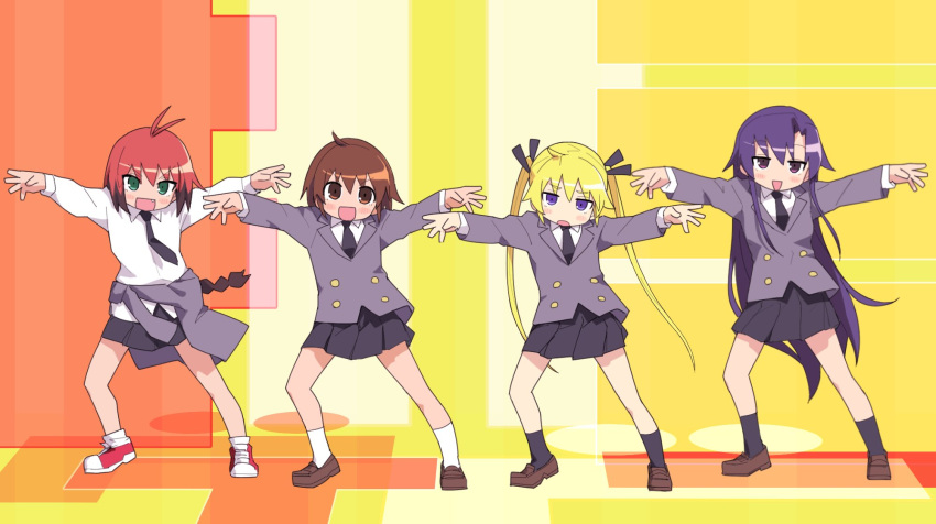 4girls antenna_hair black_necktie black_ribbon black_skirt black_socks blonde_hair blue_eyes blue_hair braid brown_footwear brown_hair collared_shirt fang goshiki_agiri green_eyes hair_ribbon highres kill_me_baby loafers long_hair long_sleeves lucky_star multicolored_hair multiple_girls necktie open_mouth oribe_yasuna outstretched_arms parody pleated_skirt purple_eyes red_hair ribbon shirt shoes short_hair single_braid skirt sneakers socks sonya_(kill_me_baby) spread_arms unused_character_(kill_me_baby) white_shirt white_socks yachima_tana