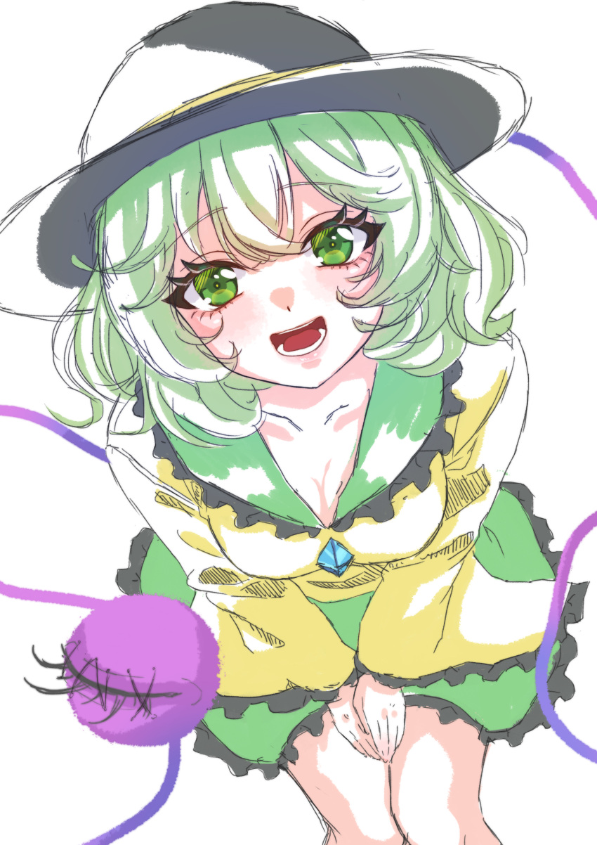 0002koko 1girl :d absurdres black_hat blush breasts cleavage collarbone commentary crossed_bangs eyelashes feet_out_of_frame foreshortening frilled_shirt_collar frilled_skirt frilled_sleeves frills from_above green_eyes green_hair green_skirt hair_between_eyes happy highres komeiji_koishi lips long_sleeves looking_at_viewer looking_up medium_breasts medium_hair open_mouth shirt simple_background sitting sketch skirt smile solo teeth third_eye touhou tsurime v_arms wavy_hair white_background wide_sleeves yellow_shirt