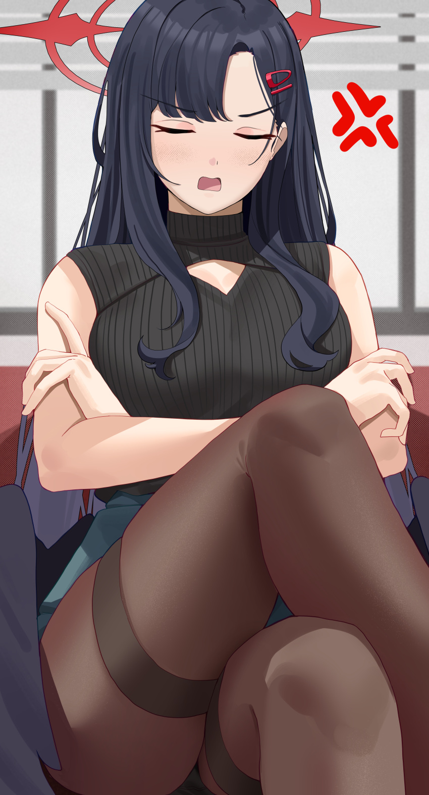 1girl absurdres anger_vein black_hair black_pantyhose black_sweater blue_archive blush breasts closed_eyes crossed_arms facing_viewer green_skirt haerge hair_ornament hairclip halo highres ichika_(blue_archive) large_breasts long_hair open_mouth pantyhose red_halo ribbed_sweater skirt sleeveless sleeveless_sweater solo sweater