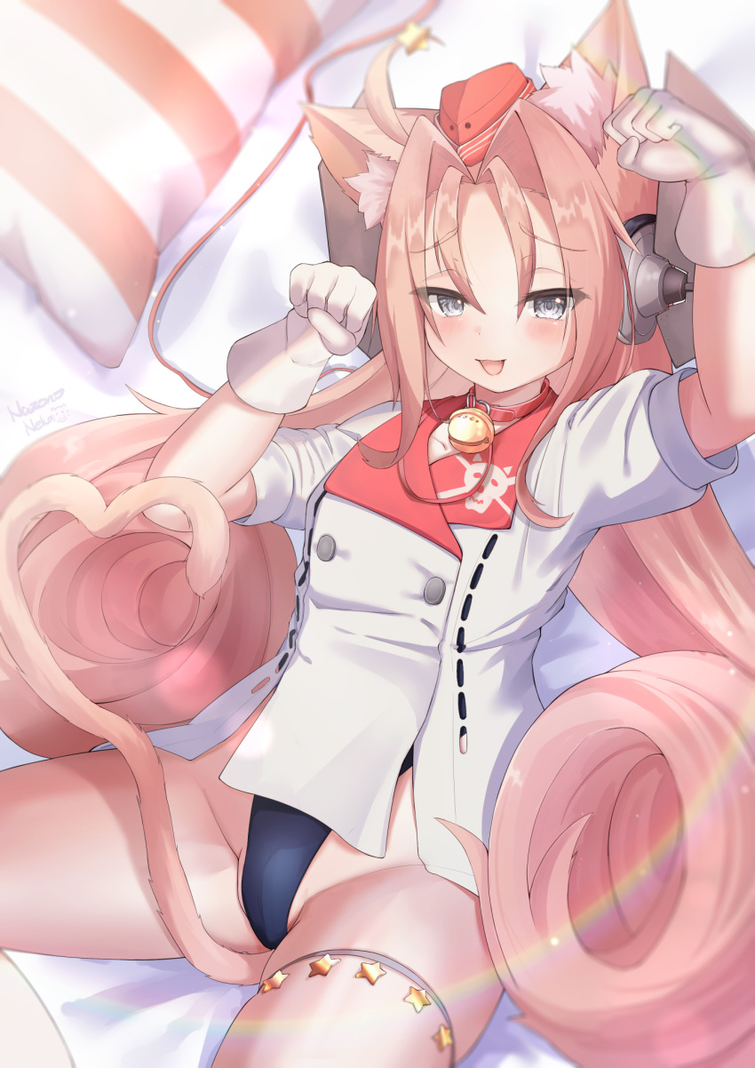 1girl animal_ears bell black_one-piece_swimsuit cat_ears cat_girl coat drum_(kancolle) garrison_cap gloves hair_ornament hat headgear highres kantai_collection long_hair nazono_neko neck_bell one-piece_swimsuit open_mouth parted_bangs paw_pose pink_hair red_hat smile solo star_(symbol) star_hair_ornament swimsuit swimsuit_under_clothes very_long_hair white_coat white_gloves
