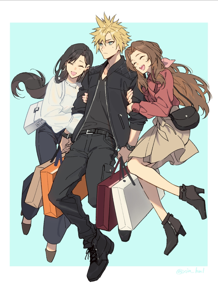 1boy 2girls :d ^_^ aerith_gainsborough alternate_costume arm_hug bag black_hair black_jacket blonde_hair boots bracelet brown_hair casual closed_eyes cloud_strife final_fantasy final_fantasy_vii final_fantasy_vii_remake girl_sandwich handbag happy high_heels highres jacket jewelry multiple_girls necklace open_mouth pants pink_skirt revision sandwiched shopping_bag skirt smile spiked_hair tifa_lockhart xia_(ryugo)