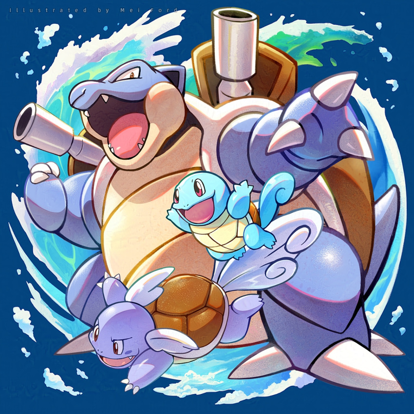 artist_name blastoise blue_skin blue_tail blue_theme brown_eyes clenched_hand colored_skin commentary evolutionary_line fangs fewer_digits full_body highres looking_at_viewer mei_ford open_mouth pokemon pokemon_(creature) shoulder_cannon squirtle standing turtle wartortle water