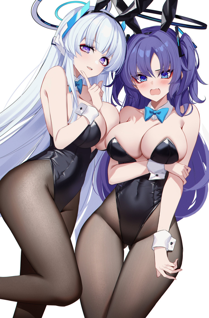 2girls animal_ears black_leotard black_pantyhose blue_archive blue_bow blush bow breasts cleavage detached_collar eternity_(shadeh) fake_animal_ears grey_hair halo highres large_breasts leotard long_hair looking_at_viewer mechanical_halo multiple_girls noa_(blue_archive) open_mouth pantyhose purple_eyes purple_hair rabbit_ears simple_background smile strapless strapless_leotard two_side_up white_background wrist_cuffs yuuka_(blue_archive)