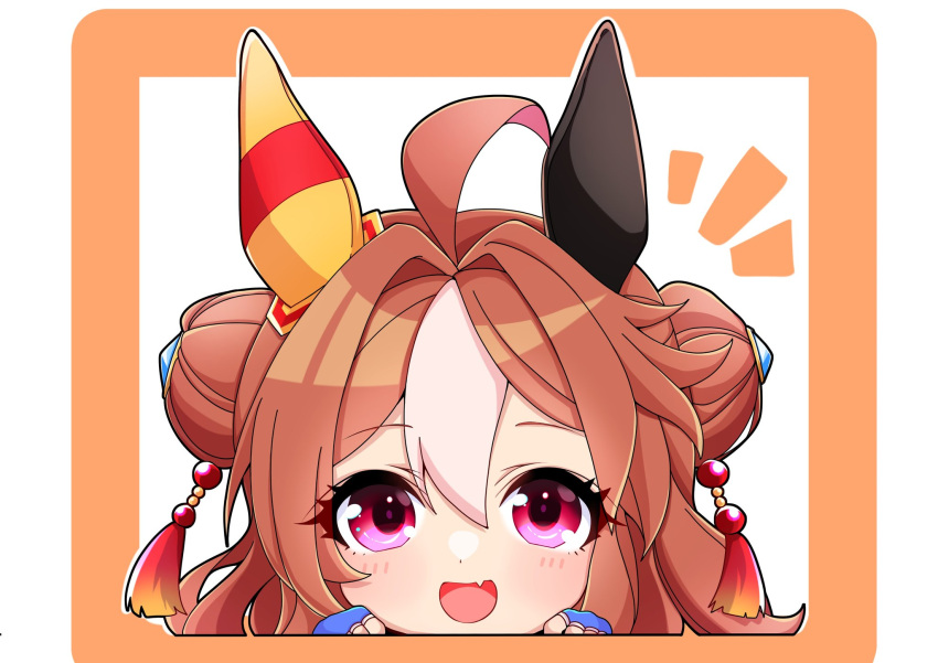 1girl ahoge airi_(akamichiaika) animal_ears blue_gloves blush brown_hair chibi copano_rickey_(umamusume) double_bun fang fingerless_gloves gloves hair_bun highres horse_ears horse_girl long_hair looking_at_viewer multiple_girls open_mouth pink_eyes skin_fang smile solo umamusume upper_body white_hair