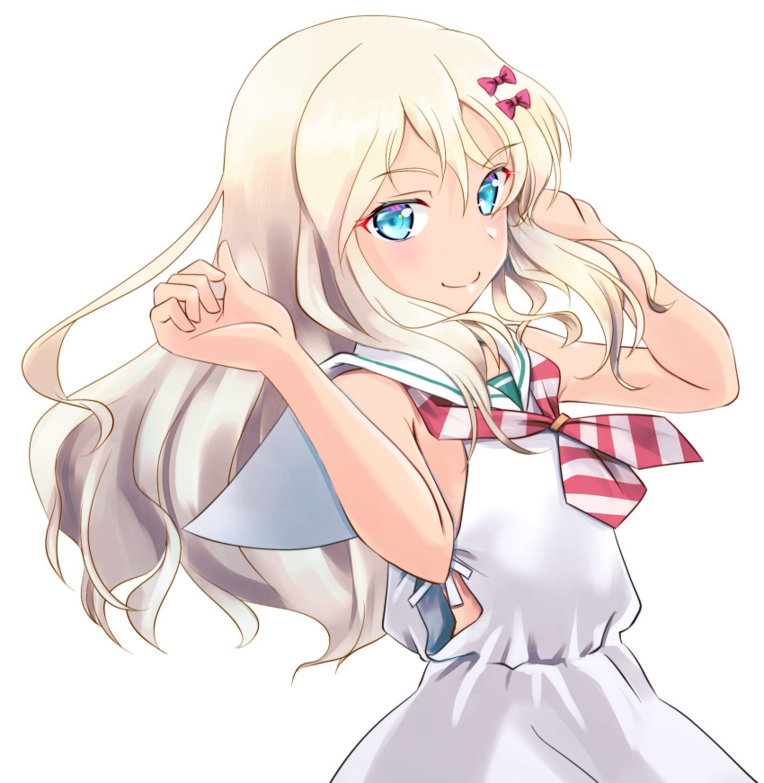 1girl blonde_hair bow cowboy_shot dress grecale_(kancolle) green_eyes hair_ornament hairclip highres kantai_collection long_hair looking_at_viewer low-cut_armhole neckerchief pink_bow sailor_collar sailor_dress side-tie_dress simple_background sleeveless sleeveless_dress solo striped_neckerchief tsukasa_(tukasa_br) wavy_hair white_background white_dress white_sailor_collar